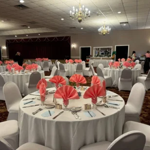 A coral and white themed reception at The Ballroom at the Phoenix